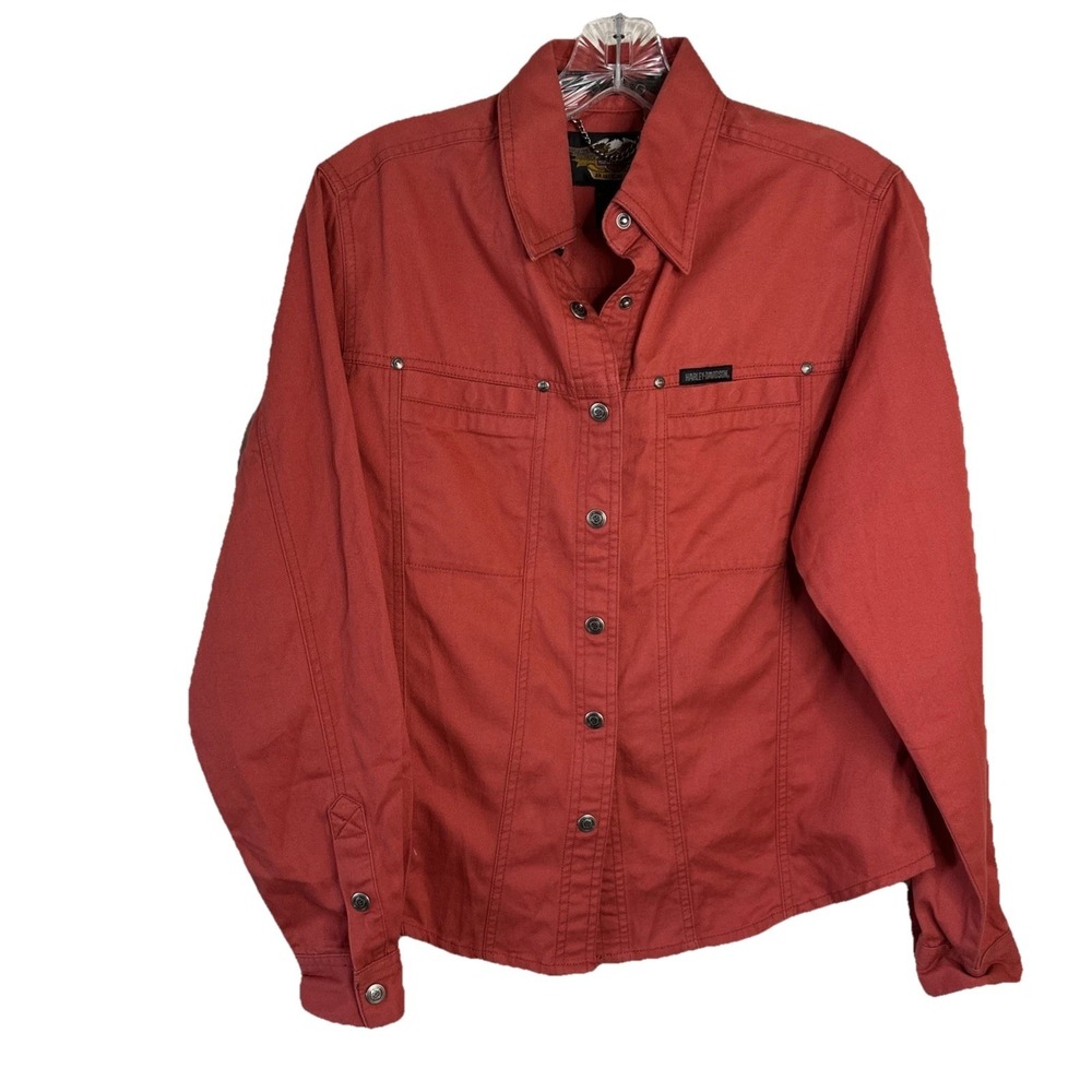 VTG Harley-Davidson Womens Red Denim‎ Shirt Back Logo Snap Close Pockets Size S